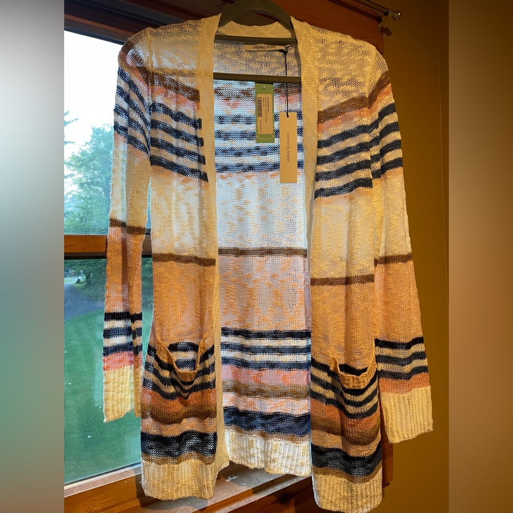 Stitches and stripes, light weight stripped cardigan. Off white/pink/blue/tan.
